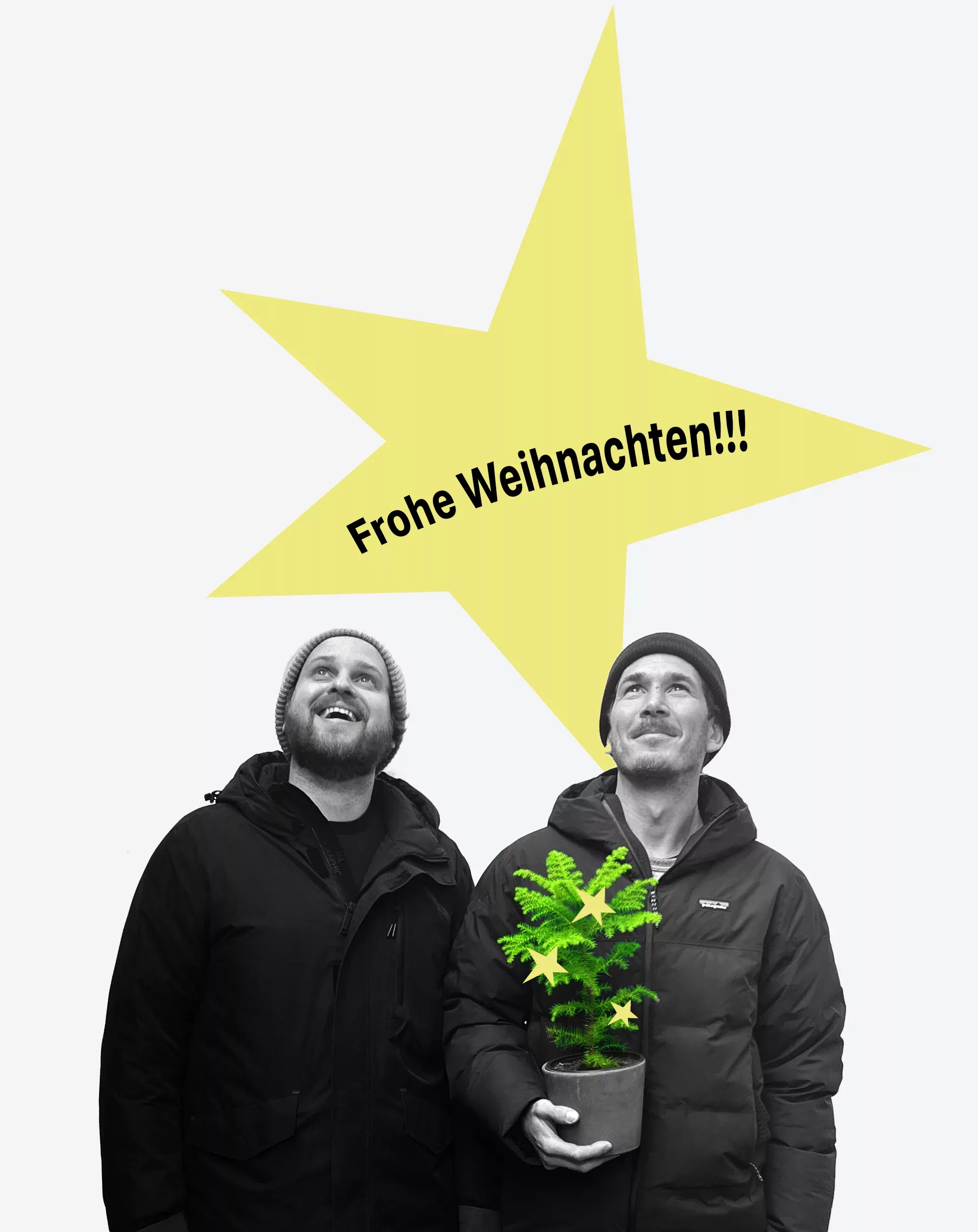 Julian und Tobias wünschen mit einem Christbaum im Blumentopf frohe Weihnachten.